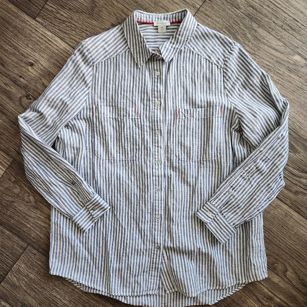 Sundance Womens Button Down Shirt Sz M Striped Blue Linen Blend Long Sleeve